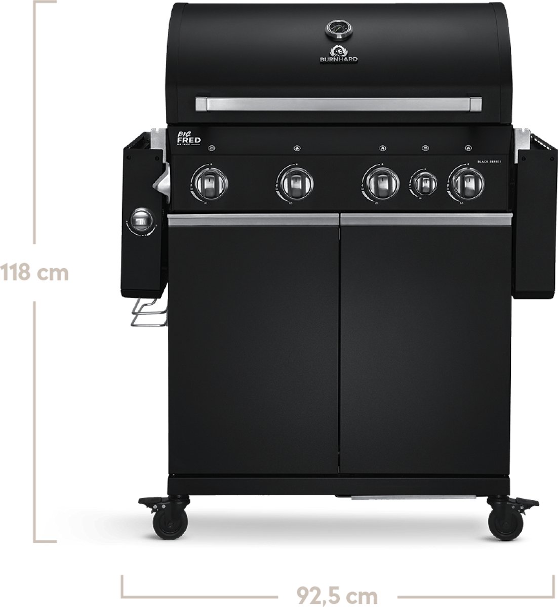 BURNHARD® 4 Branders gasbarbecue Big FRED Black Series 3 incl. achterbrander, keramische 900°C infraroodbrander, zijkookplaat, gietijzeren grillrooster + uitklapbare zijtafels – foto 4