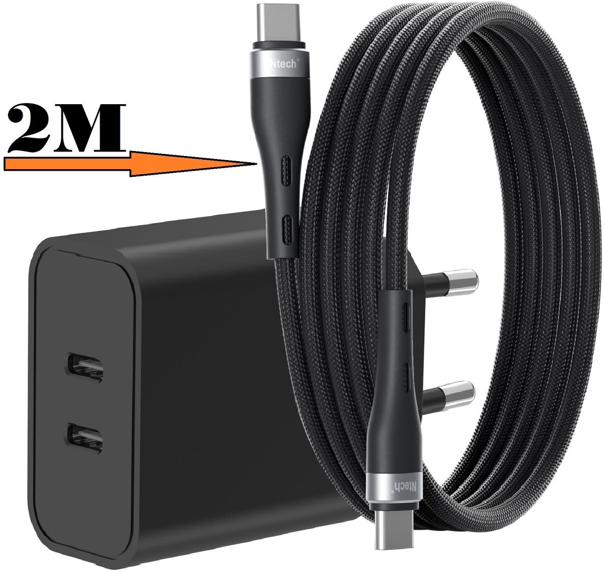 USB C Adapter 35W - USB C Oplader 2 poorten met 2M Kabel - Dual Poorten USB C Adapter - USB C Lader