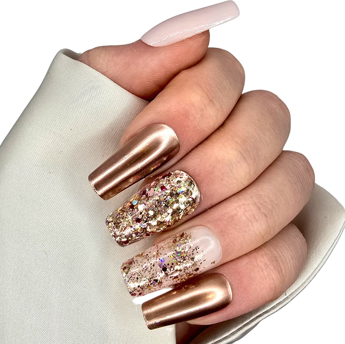 Press on Nails - Rose Gold Glitter - Plaknagels Feestdagen - Long Square Nageltips - SD Press on Nails - Nagelset No. 78 Copper Magic