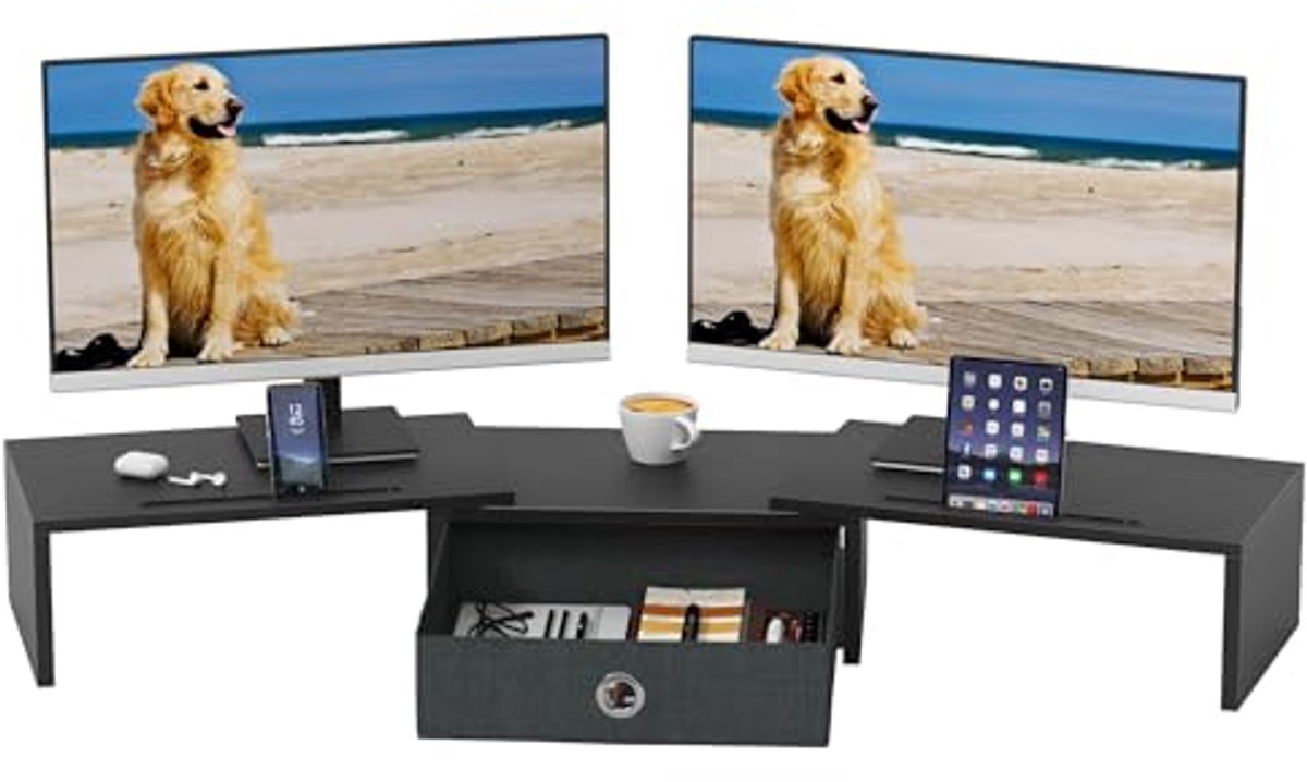 Monitorverhoger met Lade voor Dubbele Monitoren - Ergonomische Houten Bureau Stand voor PC en TV