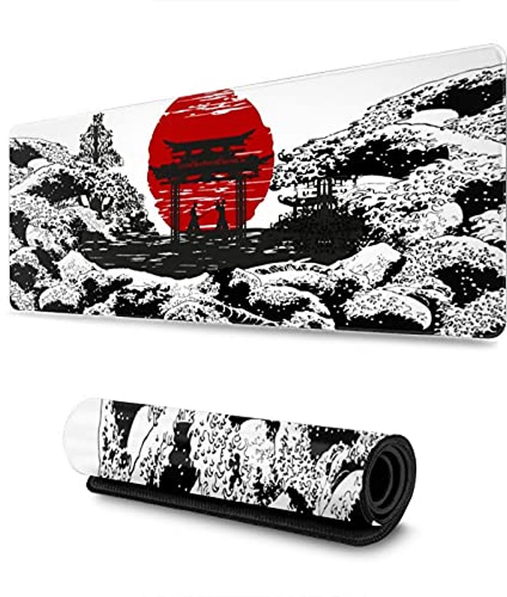 Grote Gaming Muismat XL met Japanse Golven, Gestikte Randen en Antislip Ondergrond 31,5 x 11,8 Inch