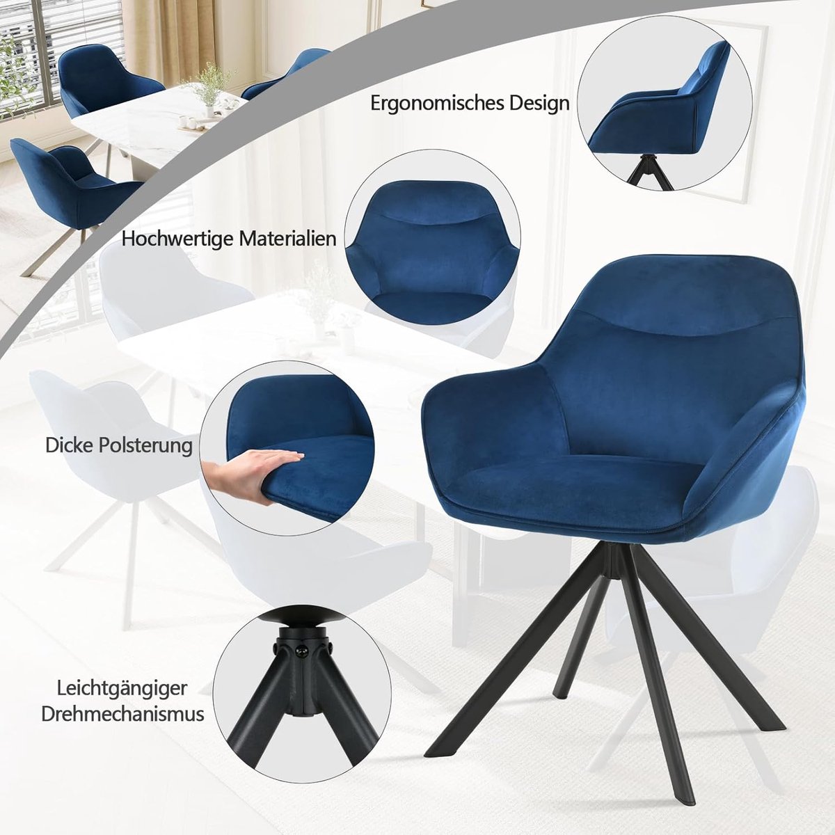 Draaistoelen Eetkamer Set van 2 – Ganeey Luxe Fluwelen Stoelen met Armleuningen & Metalen Poten – 360° Draaibaar Comfort Ontwerp – Ergonomische Eetkamerstoelen voor Woonkamer, Keuken & Kantoor – Donkerblauw
