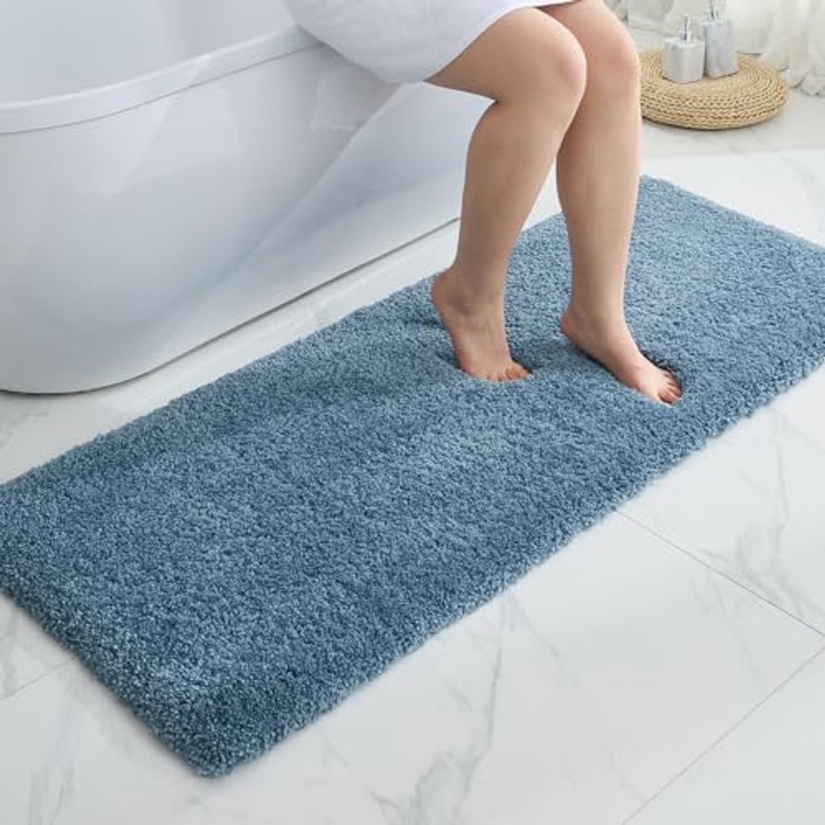 Antislip Blauwe Badkamerloper - Luxe Wasbare Badmat met Pluizige Pool