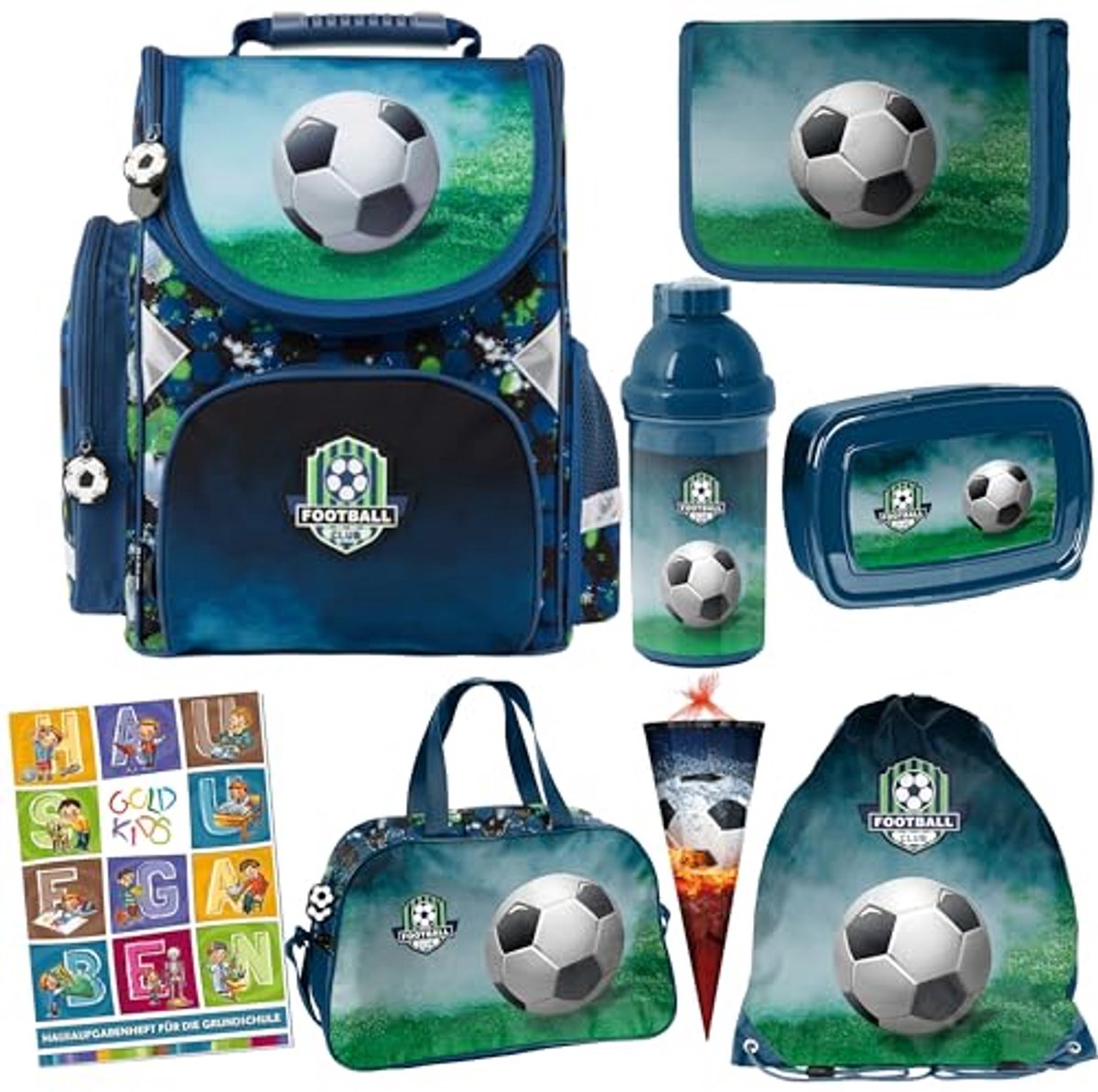 Schooltas jongens | Rugzak met pennenetui en schoenentas | Voetbalmotief | Klasse 1-3