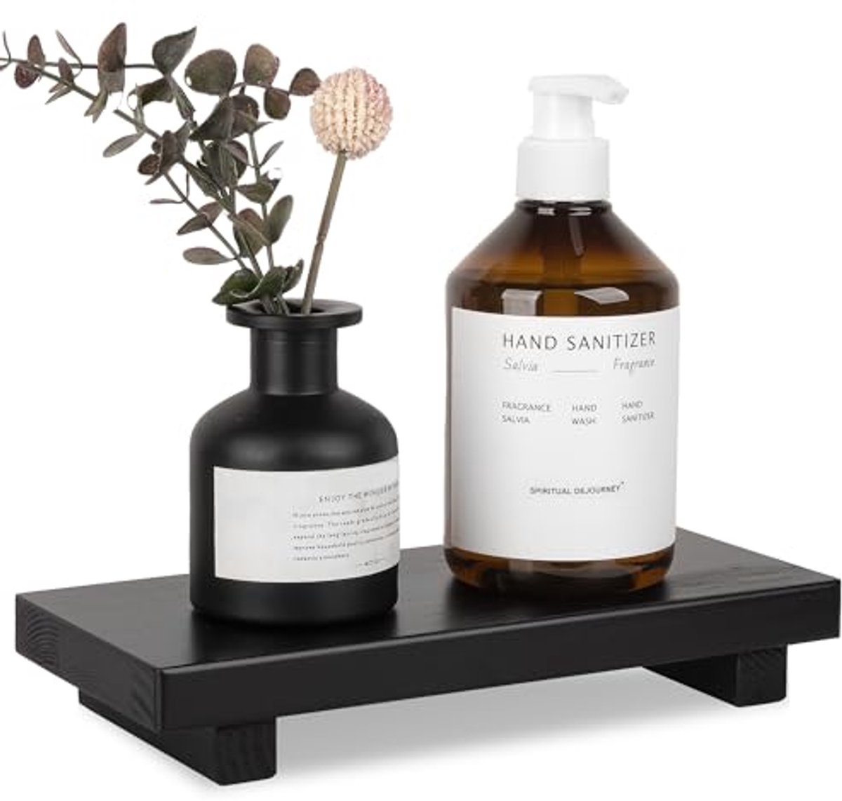 Organizer voor Badkamer en Keuken - Houten Voetstuk met Dienblad en Zeephouder - Decoratie en Functionaliteit - 10" x 4.5" - Zwart