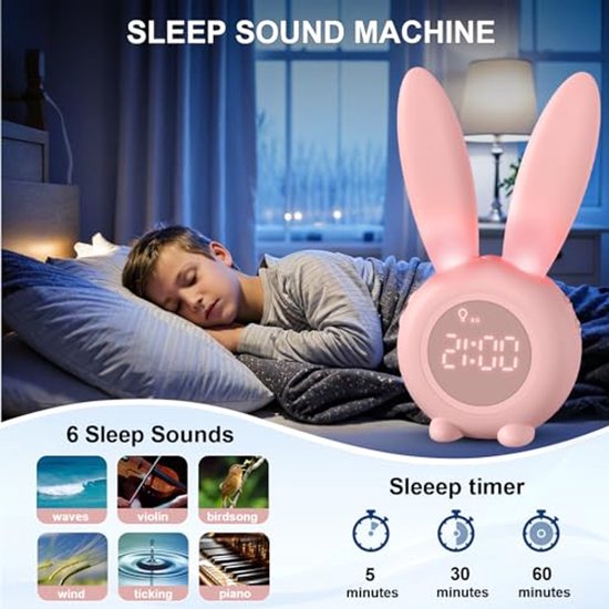 Lichtwekker voor Kinderen - Schattige Kinderwekker met Nachtlampje en Snooze-Functie - Creatief Cadeau voor Meisjes in Roze van TekHome — afbeelding 4