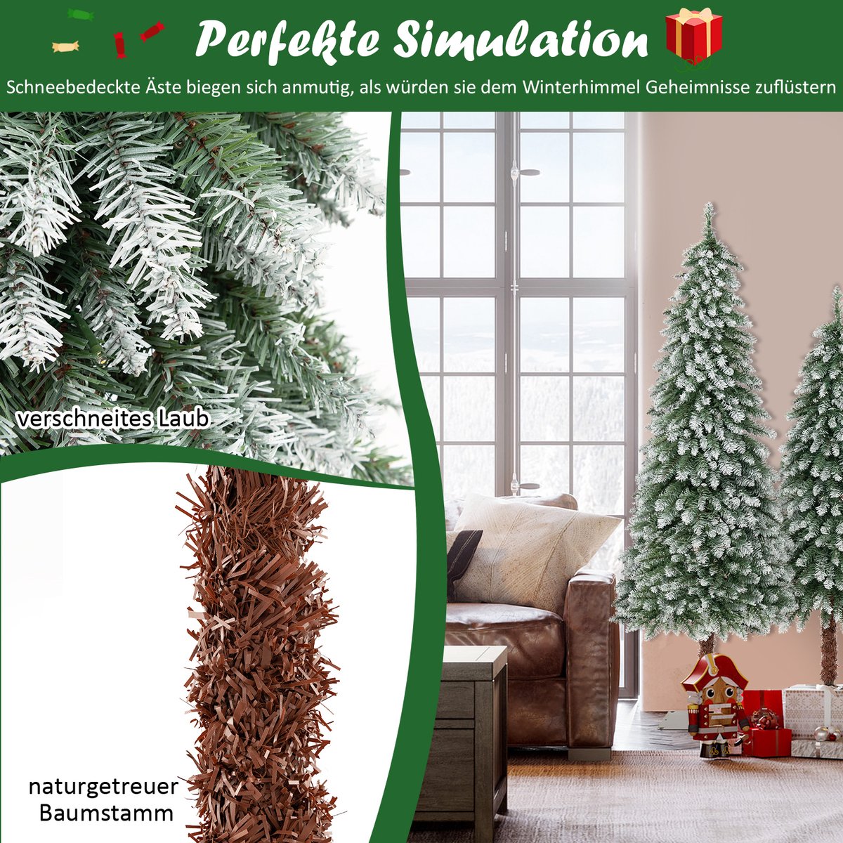 COSTWAY Kunstkerstboom, 3-delig, 90 + 120 + 150 cm, Kerstboom met sneeuw en warm witte ledlampen, smalle dennenboom met metalen standaard, besneeuwde Kunstboom, pvc-naalden, groen – foto 3
