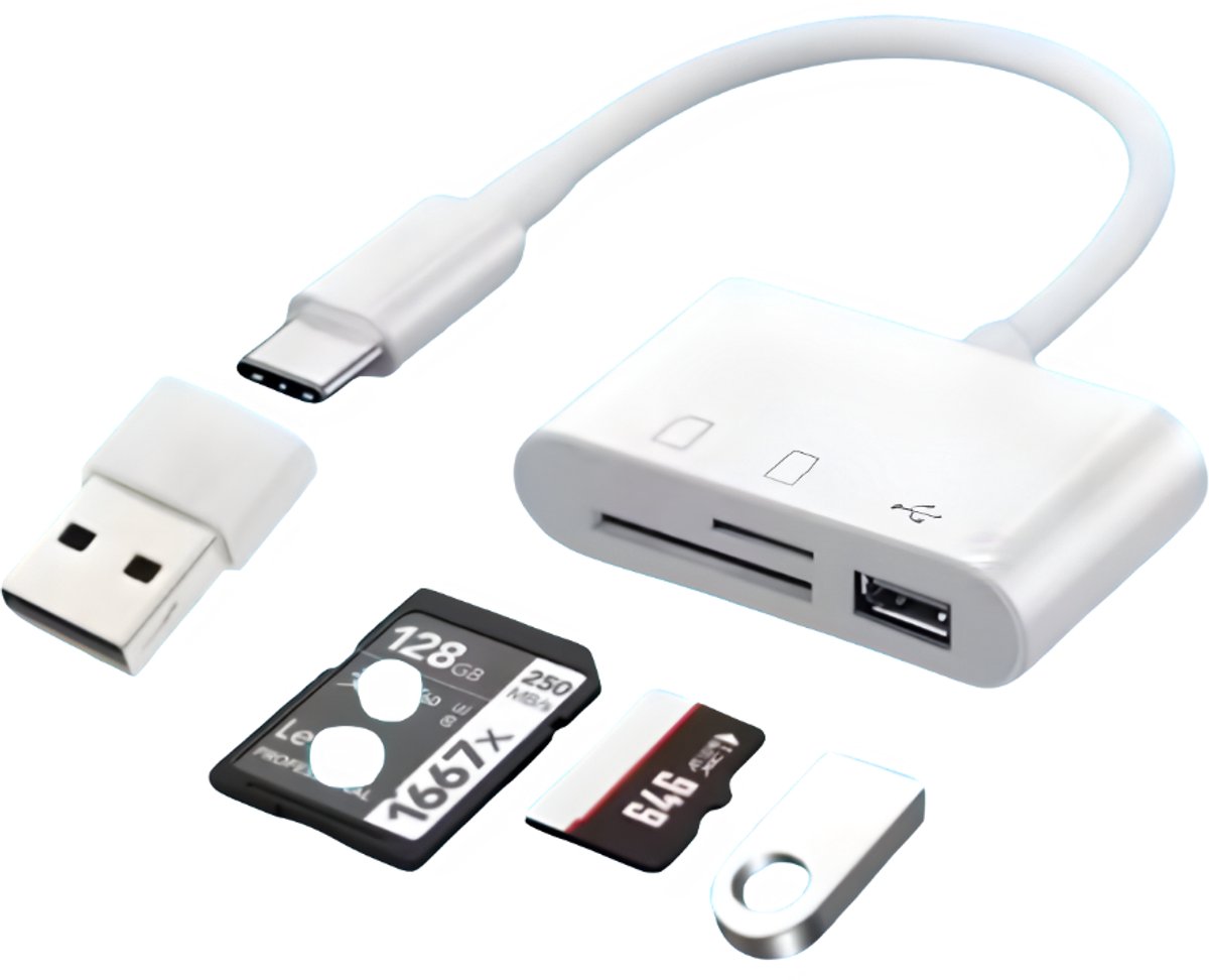 SD kaart lezer USB C - 3 in 1 - Kaartlezer SD kaart - geheugenkaartlezer - SD / Micro SD / TF Card Reader - met USB A - USB kaartlezer