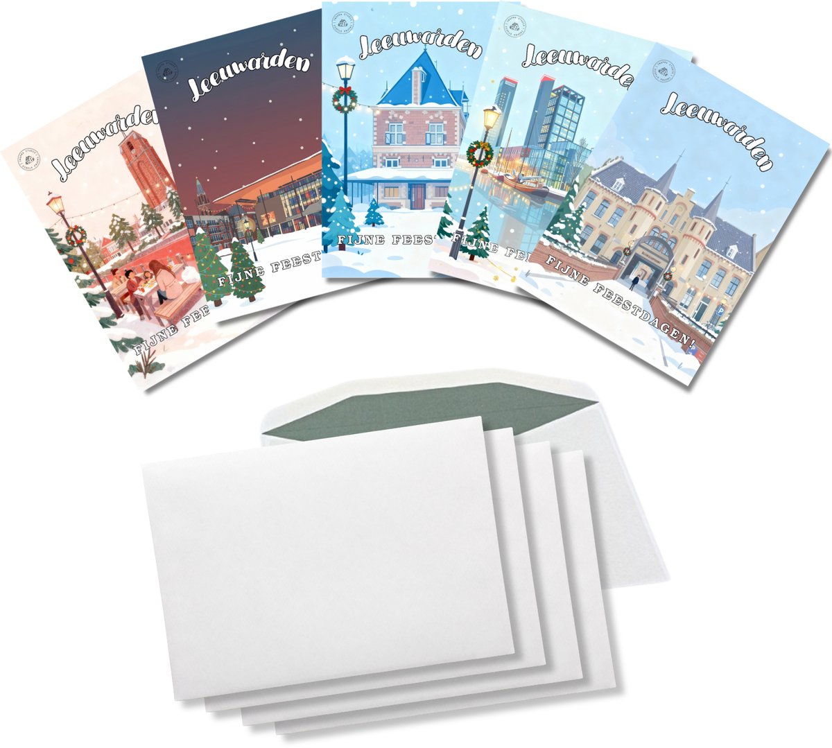 Inspra Studio – Luxe Kerstkaarten met Enveloppen – 5 Stuks – Leeuwarden Stad Wenskaarten – Artistieke Illustraties van Nederlandse Steden