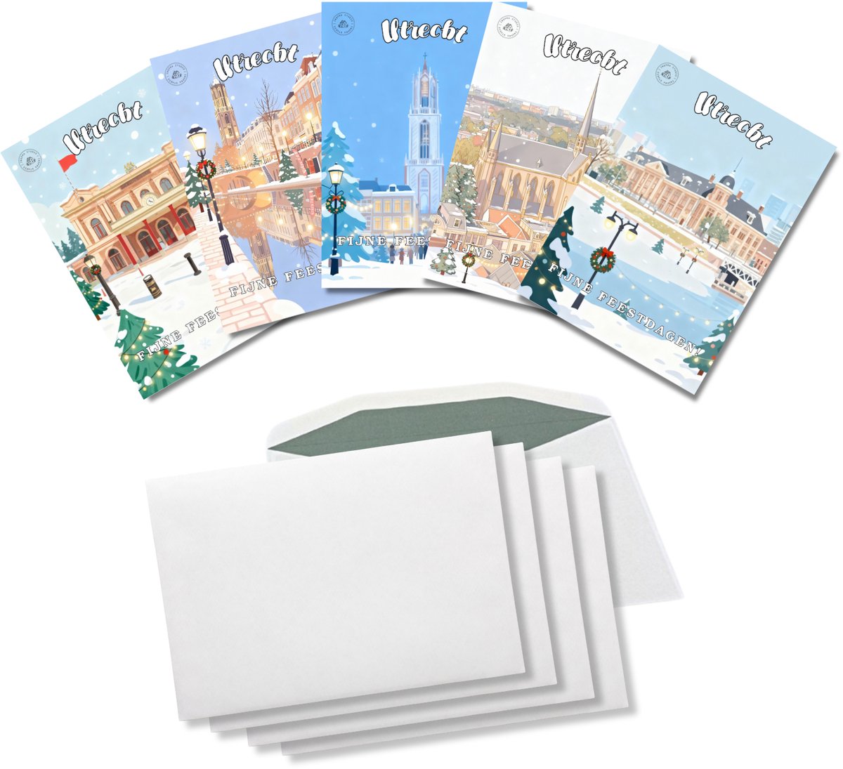 Inspra Studio – Luxe Kerstkaarten met Enveloppen – 5 Stuks – Utrecht Stad Wenskaarten – Artistieke Illustraties van Nederlandse Steden