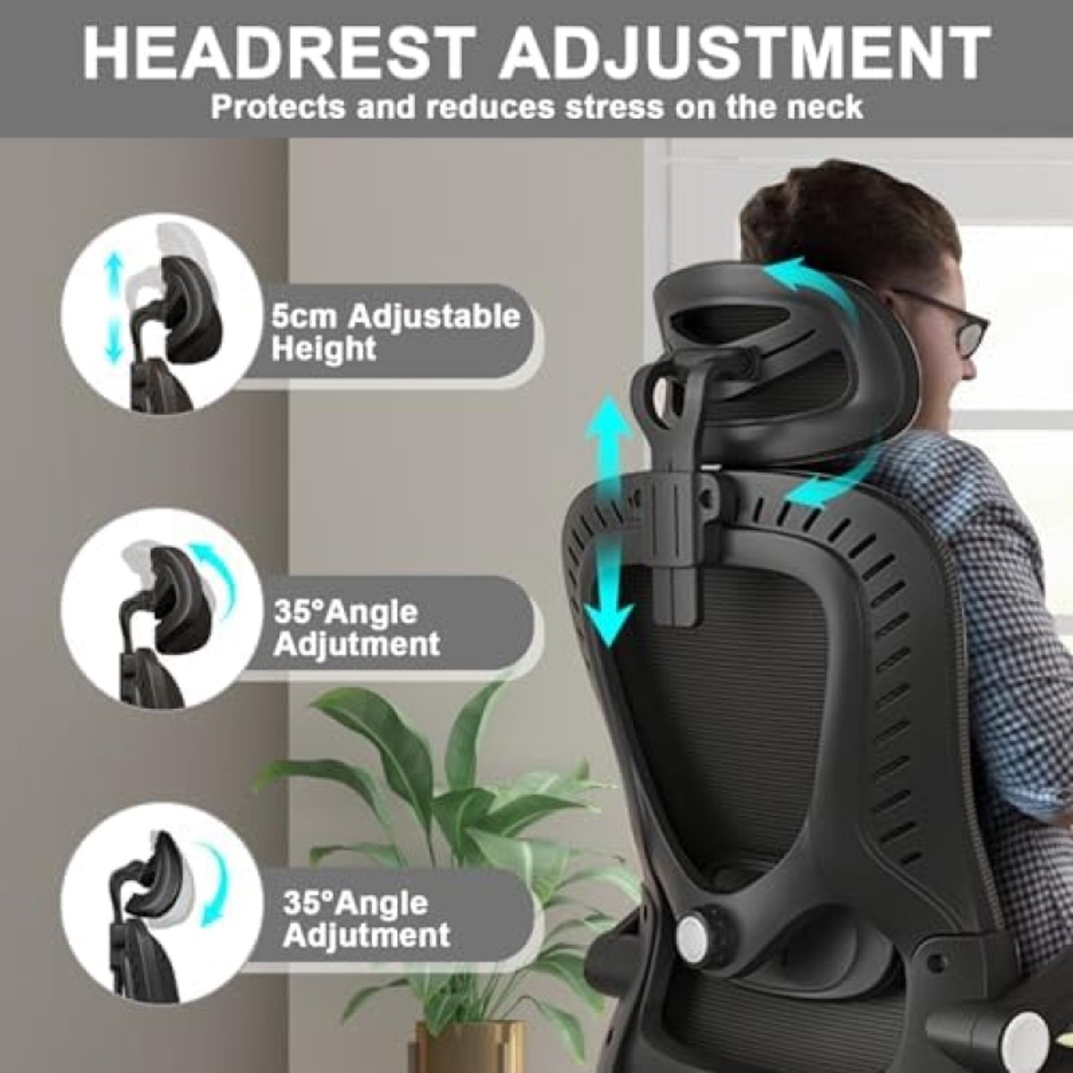 Bureaustoel, ergonomisch, met lendensteun, armleuningen, verstelbare hoofdsteun, computerstoel met hoge rugleuning, comfortabel, voor thuiskantoor thumbnail 5