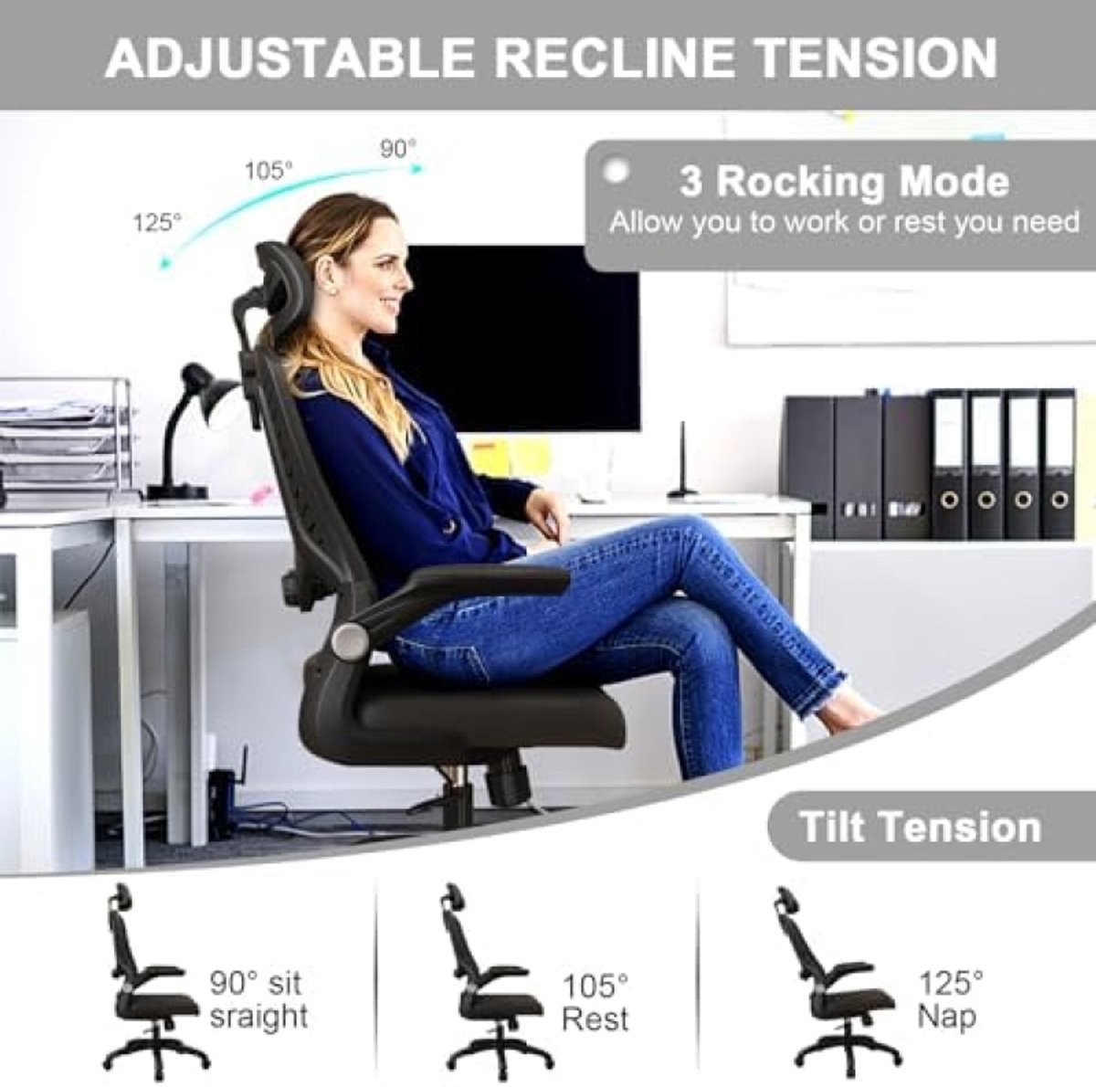 Bureaustoel, ergonomisch, met lendensteun, armleuningen, verstelbare hoofdsteun, computerstoel met hoge rugleuning, comfortabel, voor thuiskantoor thumbnail 6
