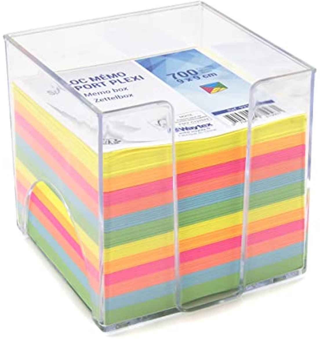 Memoblok Kubus 700 Veelkleurige Notities 9 x 9 cm met Transparante Kunststof Houder