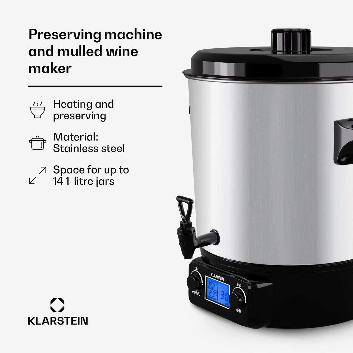 Klarstein Biggie - Inmaakkoker, Inmaakpot, Inmaakpot, Glühwein, Elektrisch, Capaciteit: 27 liter, 2000 watt, instelbare temperatuur, timer tot 120 minuten, zilver