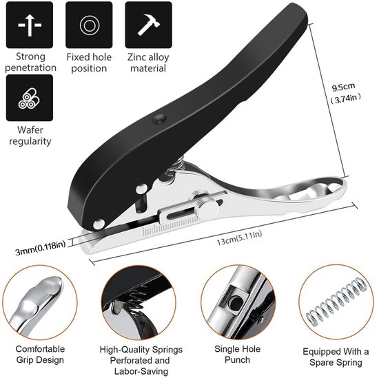 Zwarte ergonomische perforator van 13cm, met metalen onderdelen, veer en een schaalverdeling voor de diepte.