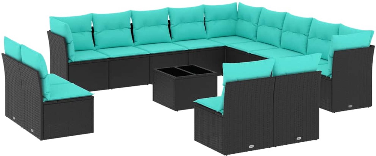 vidaXL - 14-delige - tuinbankset - met - kussens - van - zwart - polyrotan