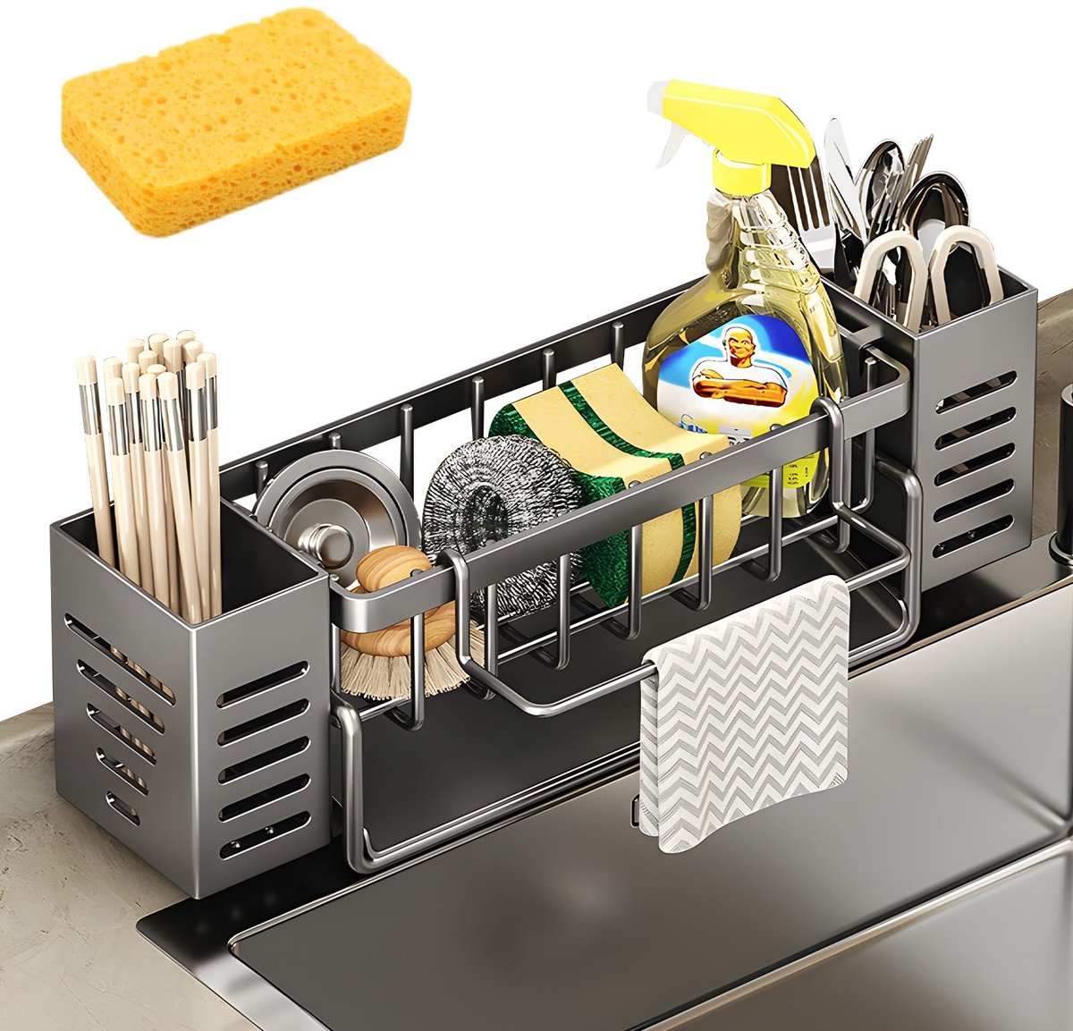 Ibenzoa® Slimme gootsteenorganizer met handdoekhouder en automatische afvoer