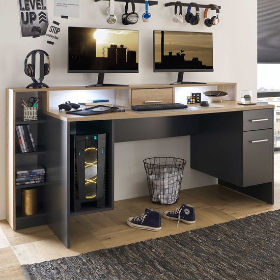 Bureau gaming Tudi éclairage compris - gris/bois - Bega Consult - Bureaux gamer - Brun|Gris - Panneaux de particules - Bureaux gamer