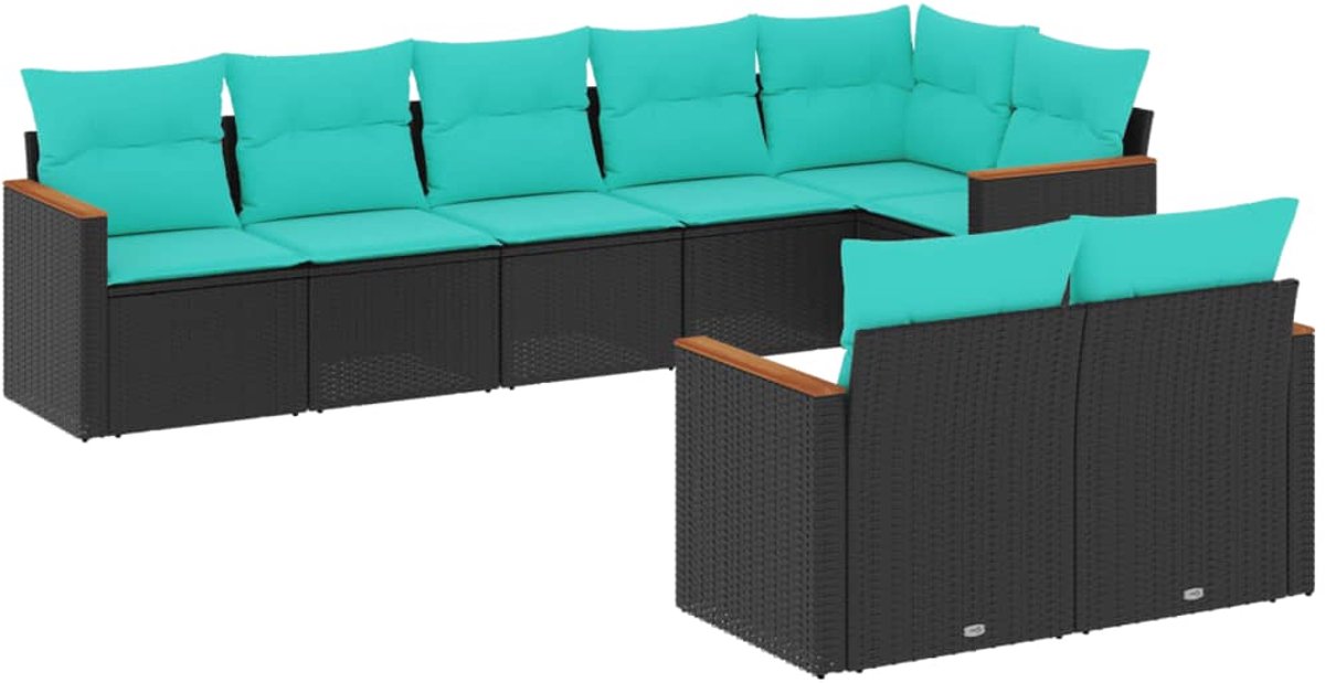 vidaXL - 8-delige - tuinbankset - met - kussens, - zwart - polyrotan