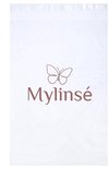 Witte plastic verpakkingstas met een bruin vlinder logo en de tekst Mylinsé.