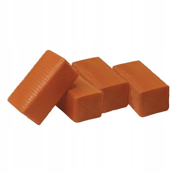 Vier oranje bakstenen met ribbelpatroon, opgestapeld.