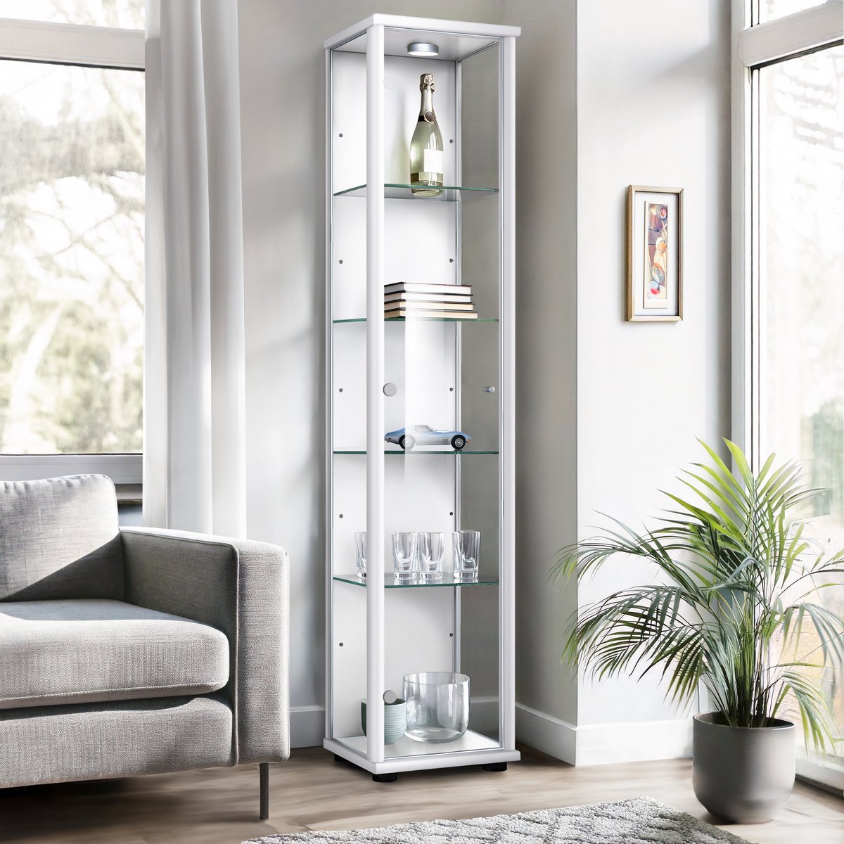 K-Möbel Vitrinekast met glas staand met 1 deur, 4 in hoogte verstelbare glasplanken - Vitrinekast met led verlichting - 176x37x33 cm - Wit