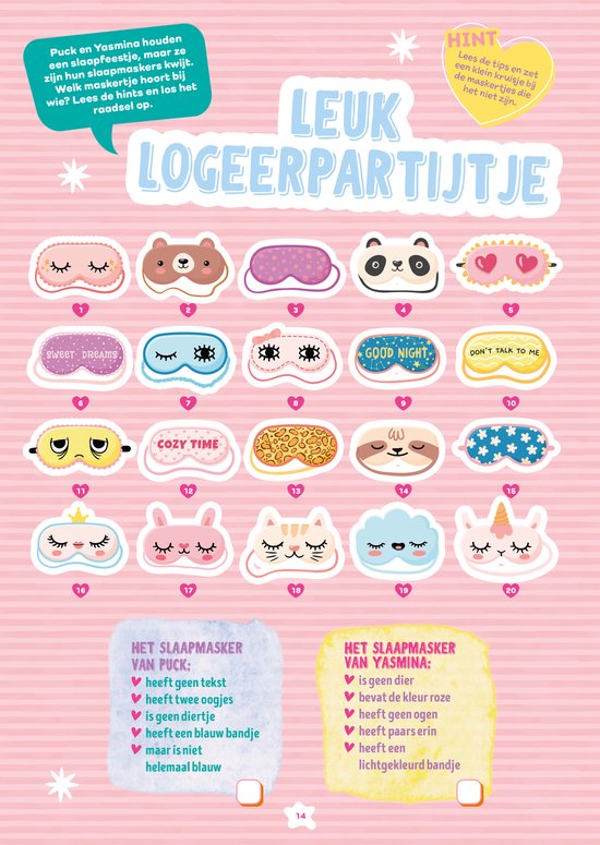 Page 'Super soirée pyjama' avec divers masques de nuit mignons avec des visages.