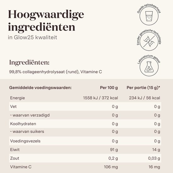 Tabel met voedingswaarden voor Glow25 Collageenpoeder, met vitamine C.