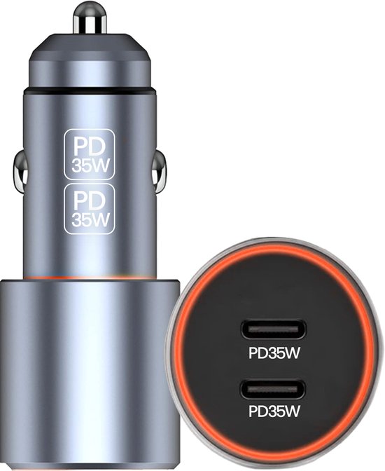 Xssive - Dubbele USB C Autolader (2 Poorten) - 40W Snellader - 35W PD & PPS Fast Charge - Metaal - Auto Oplader 12V/24V