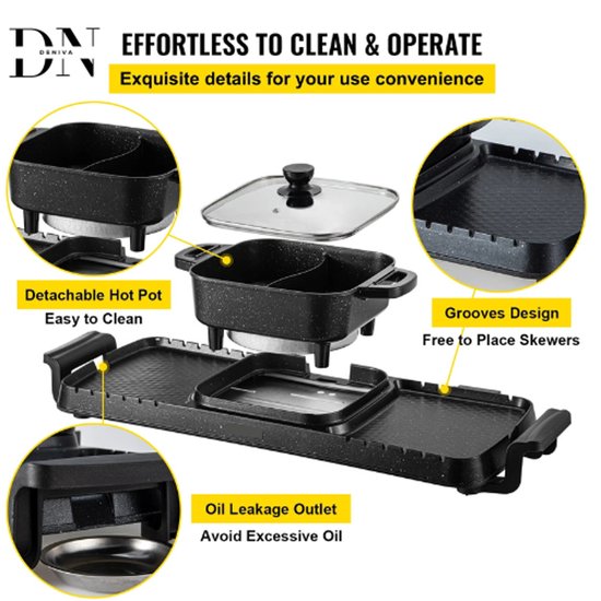 Deniva - Elektrische BBQ Pan Grill & Hot pot - 2-in-1 - Gourmetstel - Anti Aanbak - Rookvrij - BBQ - Grill - 2400W - 1-8 Personen van Merkloos — afbeelding 5