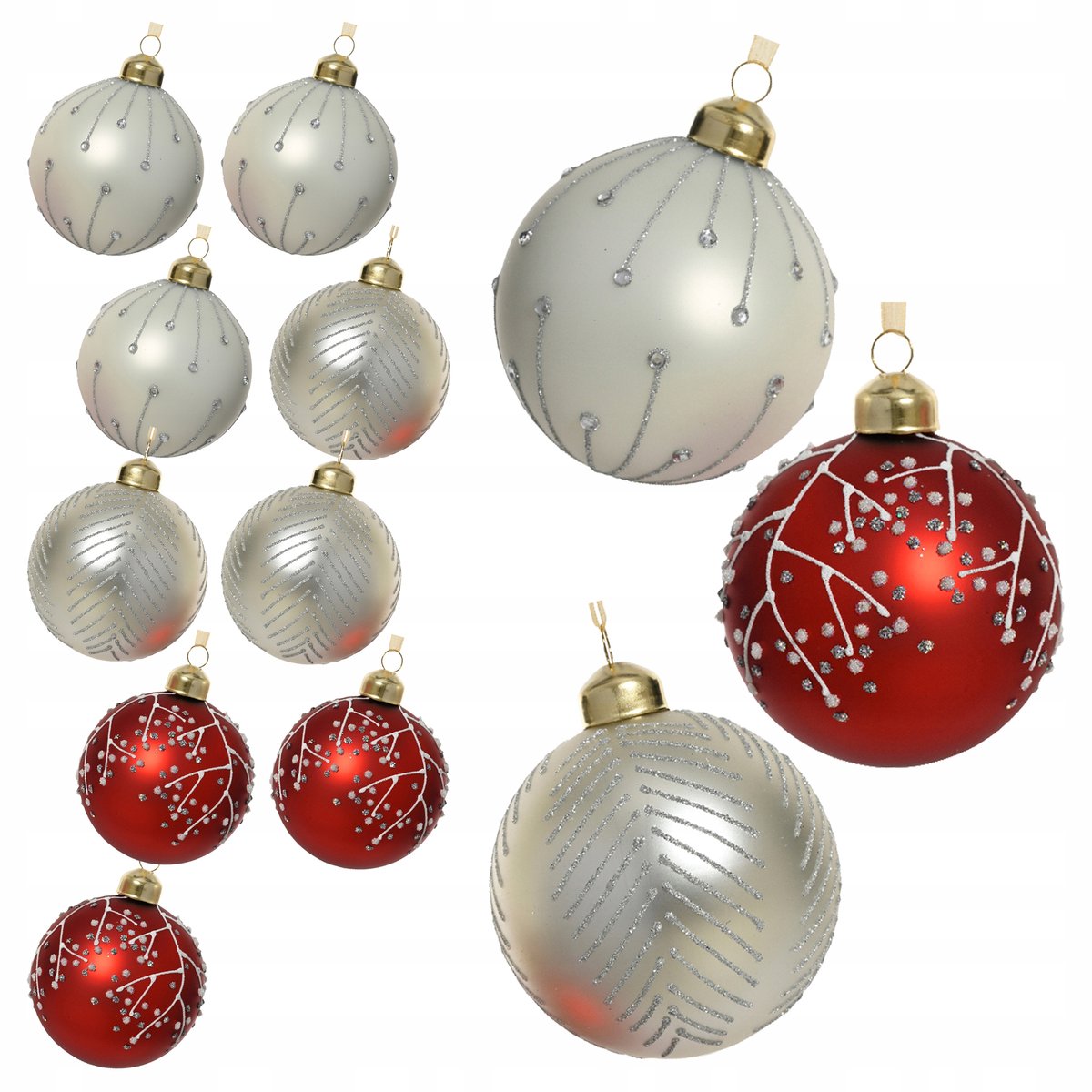 Decoratieve Kerstballen Wit Rood Zilver 12 stuks 8cm Mat met Lijnen