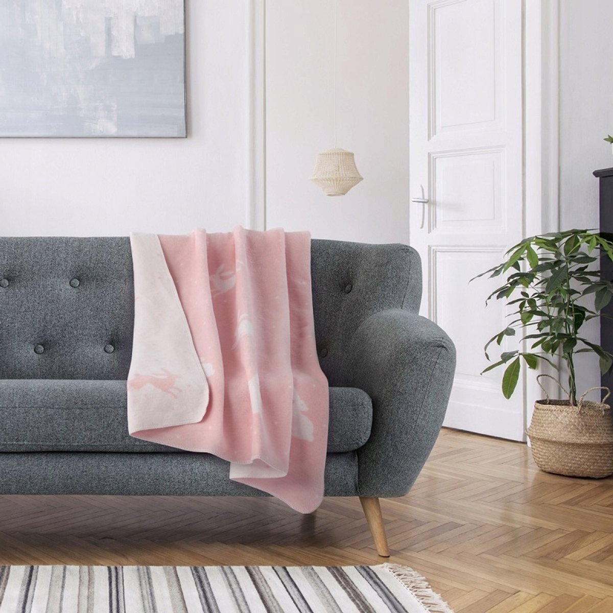 AmeliaHome Zachte katoenen kinderplaid met konijnen, 150x200 cm, roze