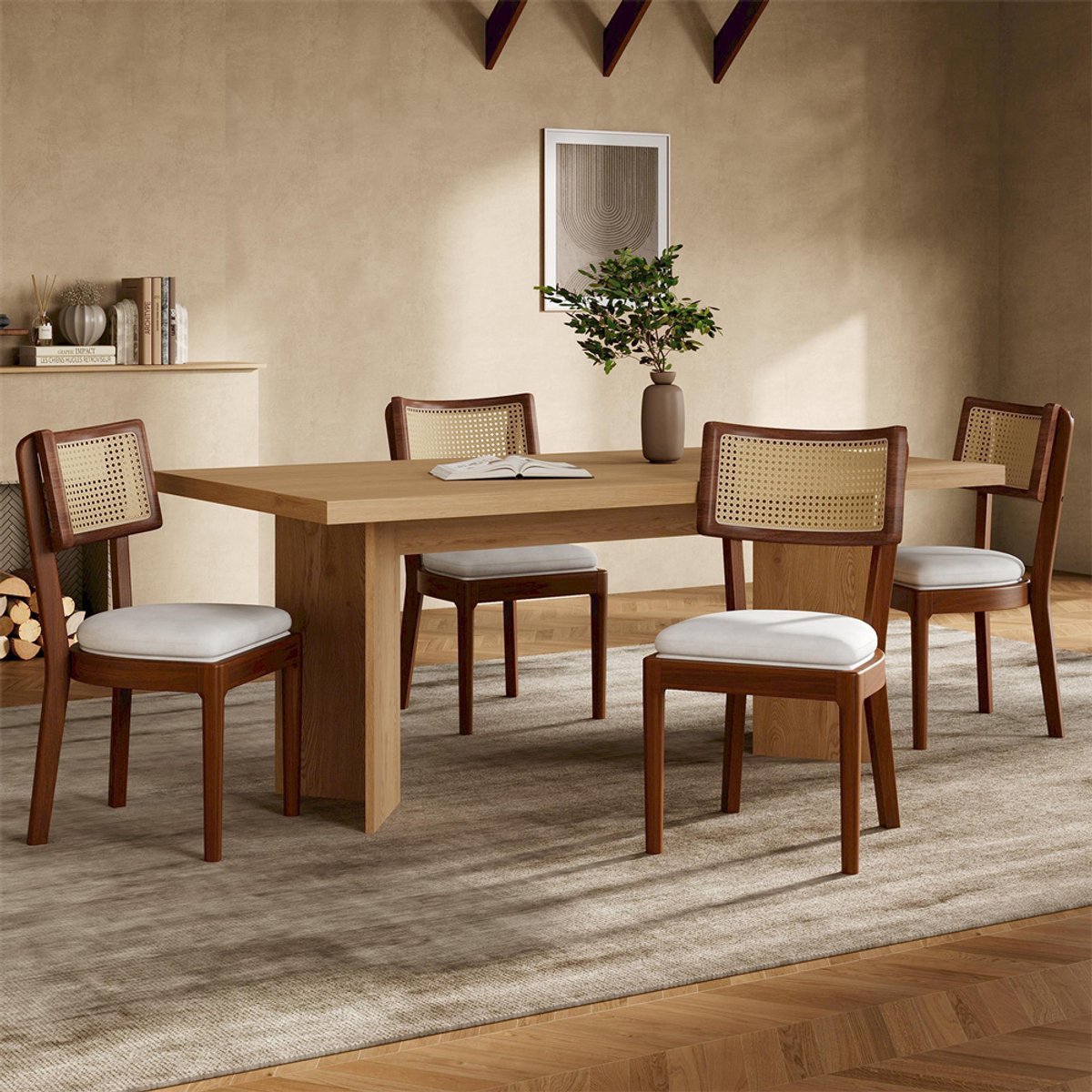 YEHTOKHOME Set van 4 Eetkamerstoelen - Gestoffeerde Keukenstoelen met massief hout poten - Rotan rugleuningen - Fluweel zitting - Ergonomische eettafelstoelen - Moderne stijl - Walnootkleur