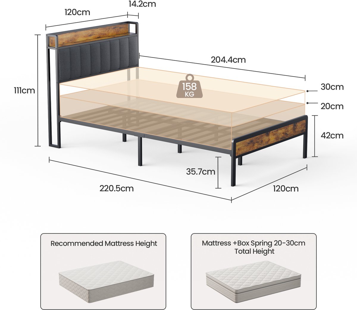Xbro Gestoffeerd Bed 120 x 200 cm - Tweepersoonsbed met 35 cm Opbergruimte - Donkergrijs — cadeau in Cadeau-ideeën - foto 2