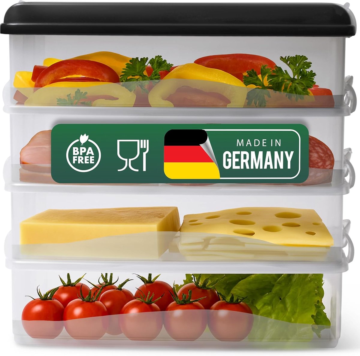 Novaliv 4x grote voedselcontainers met 1x deksel, stapelbaar voor koelkast en vriezer, set opslagcontainers, opbergdoos organizer, voor vleeswaren, worst, kaas, fruit, groenten, maaltijdvoorbereidingscontainer