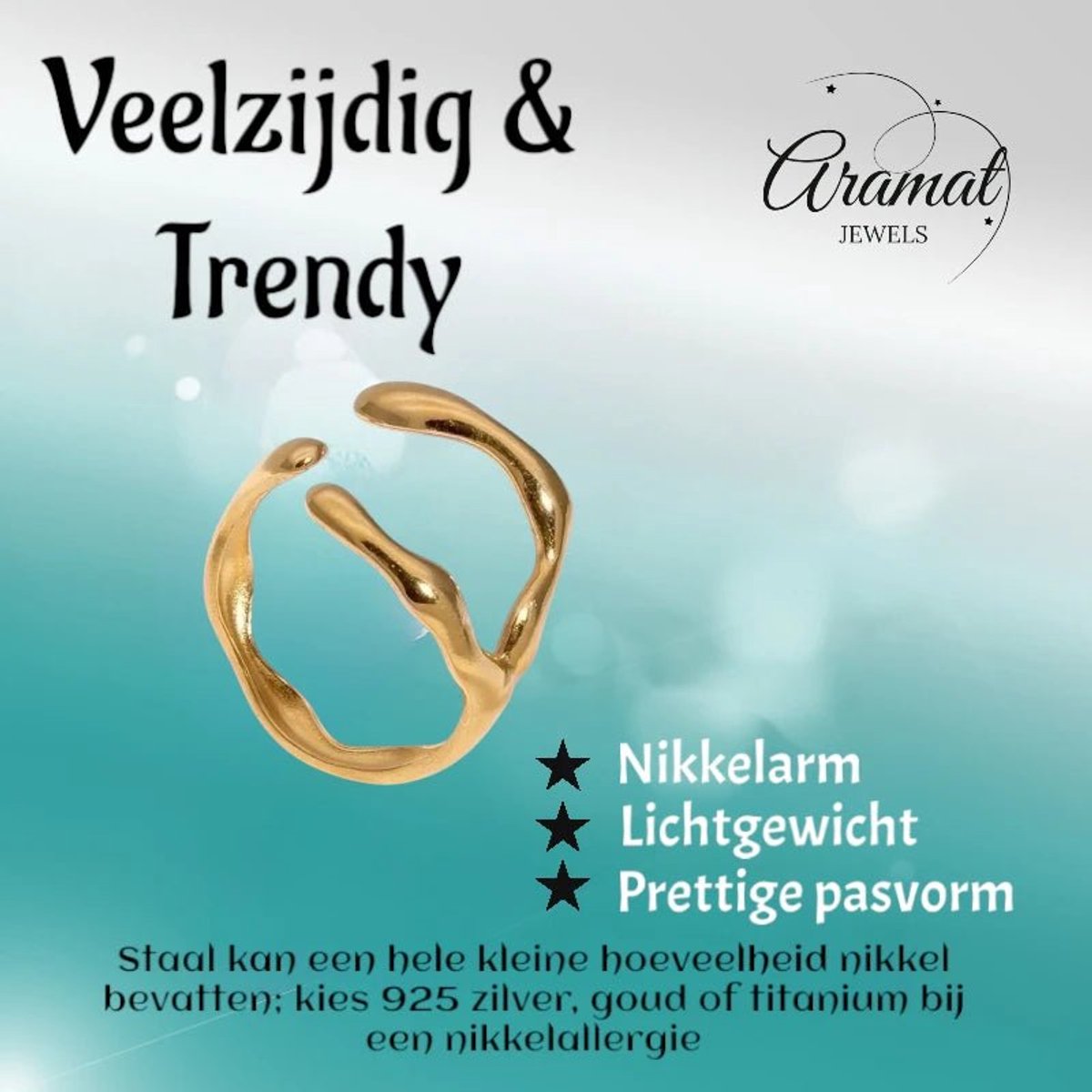 Aramat Jewels | Ringen | RVS Damesring Verstelbaar – Grillige Brede Open Ring – 16 mm | Goudkleur | |16mm | Staal | Volwassenen | Verkleurd niet