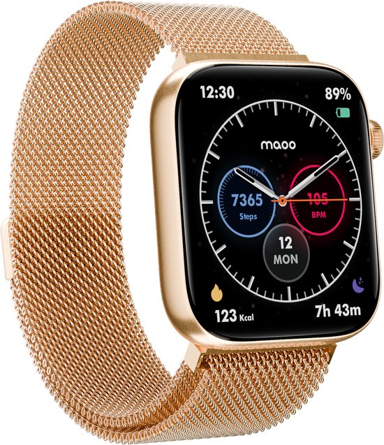 Gouden smartwatch met roségouden Milanese band, gedetailleerd op een zwarte achtergrond.