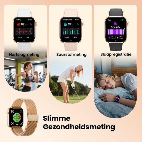 Drie smartwatches met verschillende bandjes tonen hartslagmeting, zuurstofmeting en slaapregistratie.