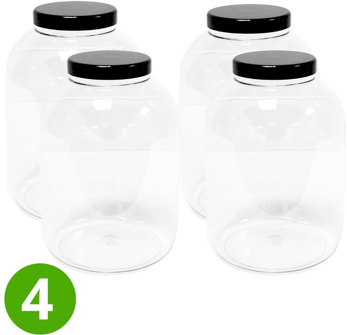 4x Ronde Pot 5000ml met Schroefdeksel - Zwarte Dop - Transparant - ALPHA - Plastic Potjes met Deksel - Cosmetica - Voorraadpot - Opbergpot - Bewaarpot - Voedselveilig - Navulbaar - PET Kunststof pot - Multifunctioneel