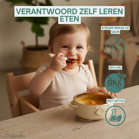 Couverts pour enfants en acier inoxydable Broemba - Cuillère et fourchette Bébé Bébé manche en silicone - Couverts pour bébé 100 % sans BPA - Cuillère et fourchette Kinder - Couverts beiges pour tout-petits