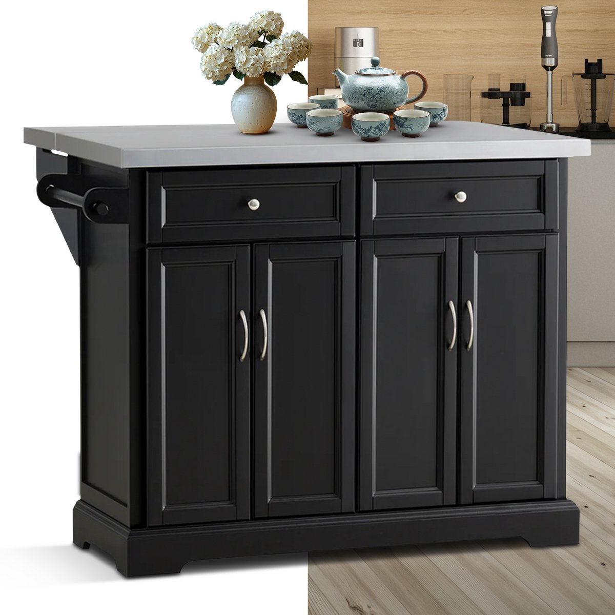 Keukeneiland - Verplaatsbaar - Keukenkast - Dressoir - Organizer - Kasten - Metalen Werkblad - 4 Deuren - Zwart