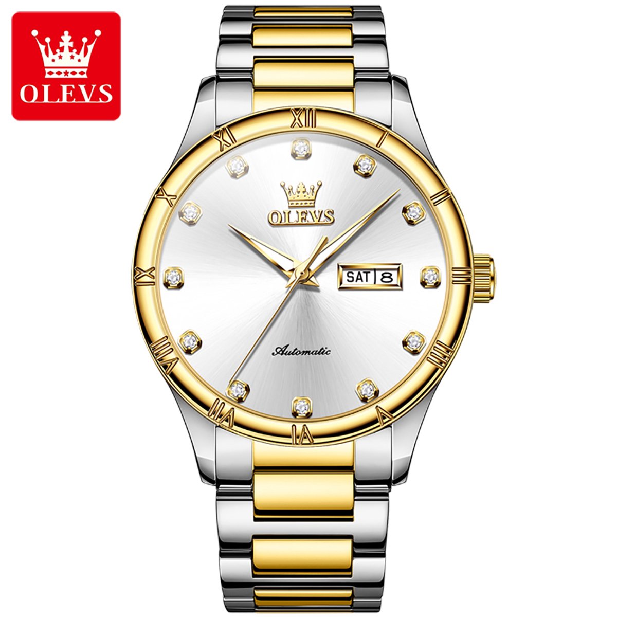 HO-7030.gz : OLEVS mechanisch zilver-goudkl edelstaal horloge, zilverwitte wijzerplaat, kalenderdag, dagnaam, diamantzirkonia