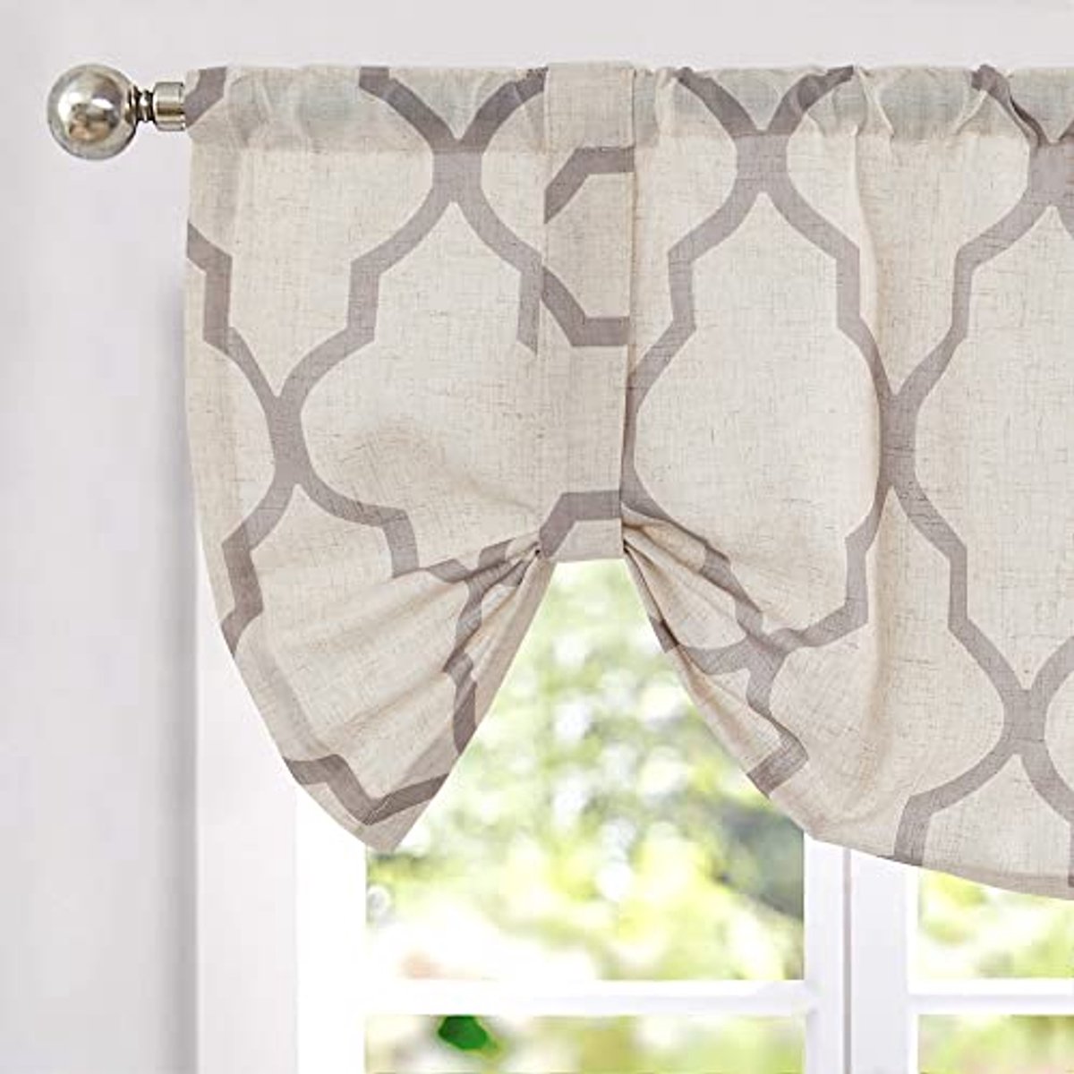 Linnen Look Gordijnen - Geometrische Vitrage Verduistering voor Keuken - Grijs op Beige - 45 cm x 127 cm