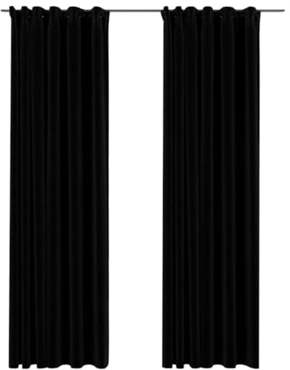 2x Zwarte Linnen-Look Blackout Gordijnen 140x225cm met Haken - Raambekleding en Zonwering