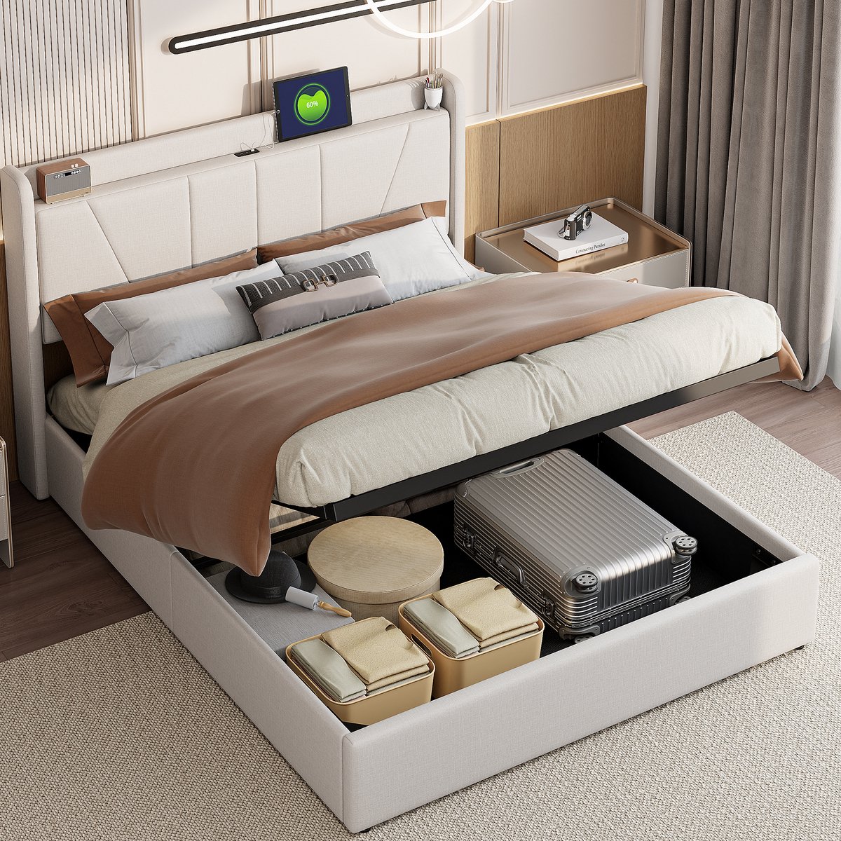 ROSAHQNDA Gestoffeerd bed 160x200cm Modern tweepersoonsbed met 2 USB-oplaadpoorten, 1 Type-C-poort, slaapkamerbed met opbergruimte en lattenbodem van 12 stuks, jeugdbed, functioneel bed, beige, zonder matras - gesplitst voor 2 Pakket voor verzending