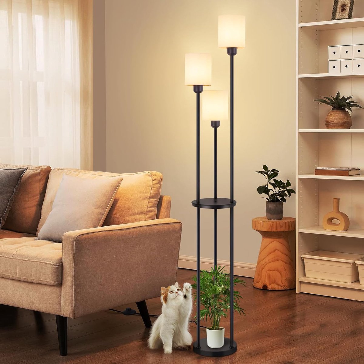 Glitzerlife - Vloerlamp - Met Geïntegreerde Plank - E27 Fitting - 3-Lichts - Zwart & Wit Stoffen Kap - Vintage Retro Landelijke Stijl - Woonkamer Slaapkamer - Exclusief Lichtbron
