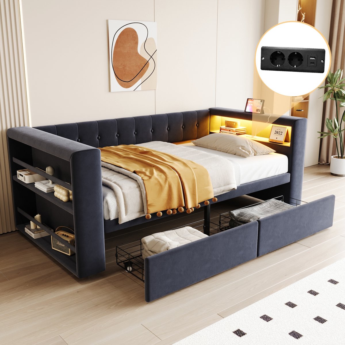Sweiko Slaapbank - 90×190 cm - Kinderbed - LED-verlichting - Oplaadpunt - 2 lades - Donkergrijs