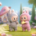 Twee pluizige figuurtjes in konijnenkostuum, één grijs en één roze, in een grasrijke omgeving.