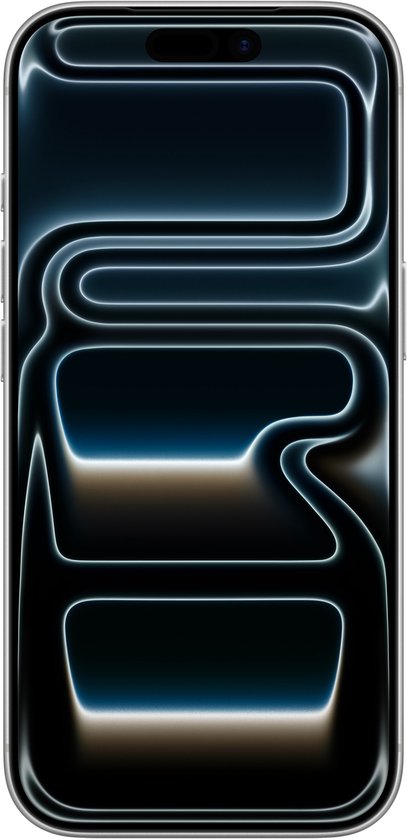 Zilverkleurige iPhone 17 Pro, voorkant met dynamisch eiland en achtergrond.
