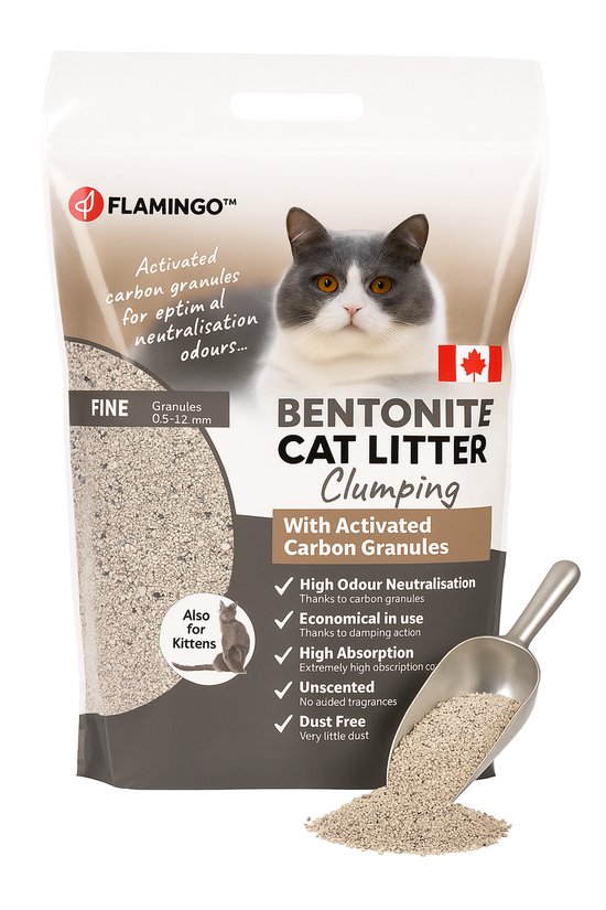Un sac de litière pour chat Flamingo avec un chat gris et blanc et un drapeau canadien sur le devant. Des granulés gris et fins sont montrés.